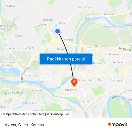 Vytėnų G. to Kaunas map
