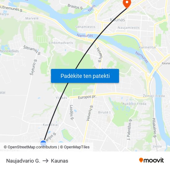 Naujadvario G. to Kaunas map