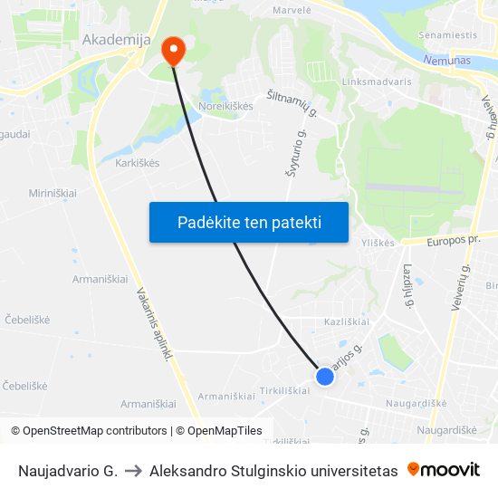 Naujadvario G. to Aleksandro Stulginskio universitetas map