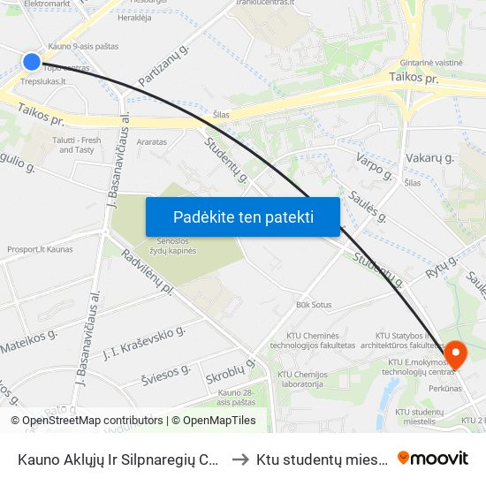 Kauno Aklųjų Ir Silpnaregių Centras to Ktu studentų miestelis map