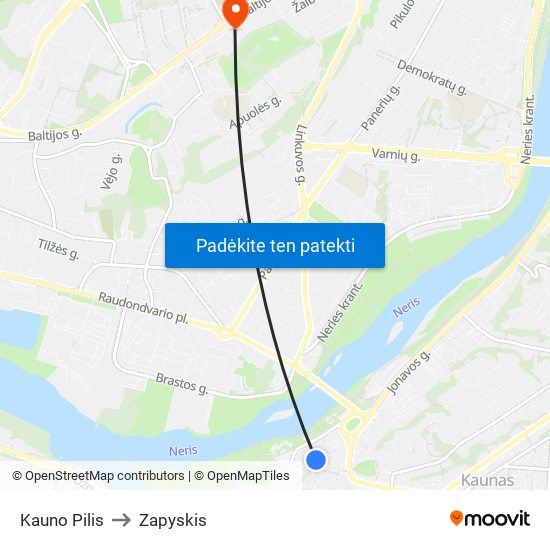 Kauno Pilis to Zapyskis map