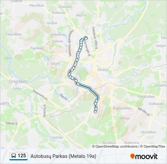 125 autobusas kelionės žemėlapis