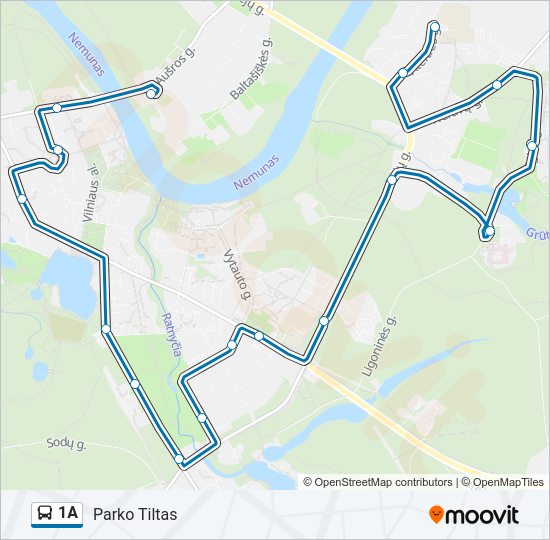 1A autobusas kelionės žemėlapis