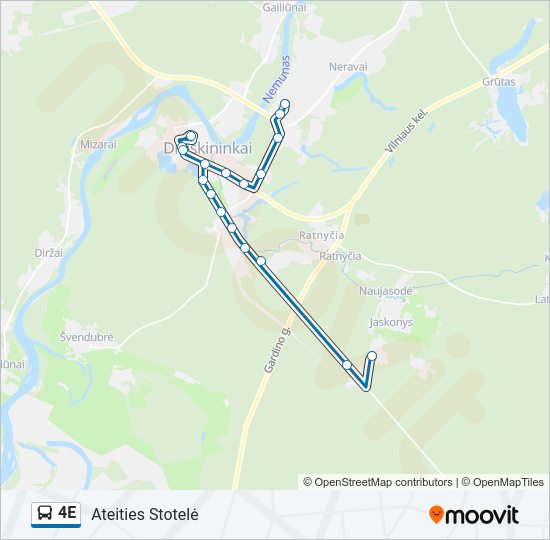 4E autobusas kelionės žemėlapis