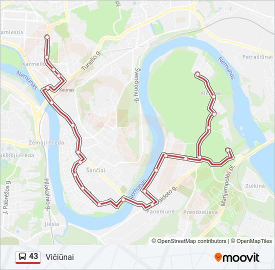 43 autobusas kelionės žemėlapis