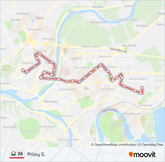 36 autobusas kelionės žemėlapis