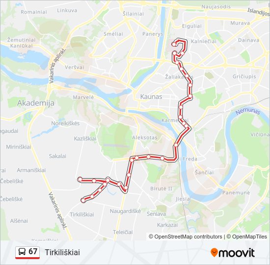 67 autobusas kelionės žemėlapis