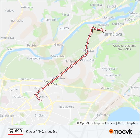69B autobusas kelionės žemėlapis