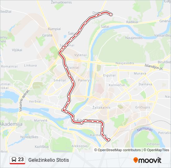 23 autobusas kelionės žemėlapis