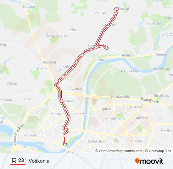 23 autobusas kelionės žemėlapis