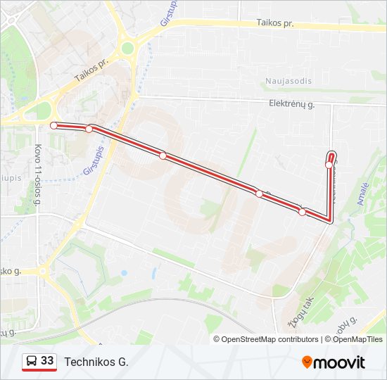 33 autobusas kelionės žemėlapis