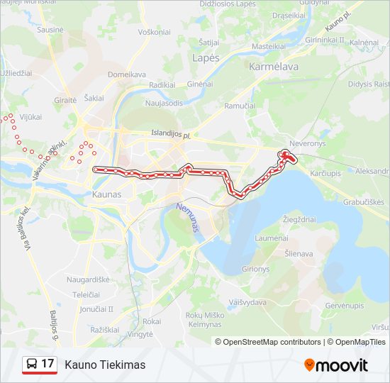 17 autobusas kelionės žemėlapis