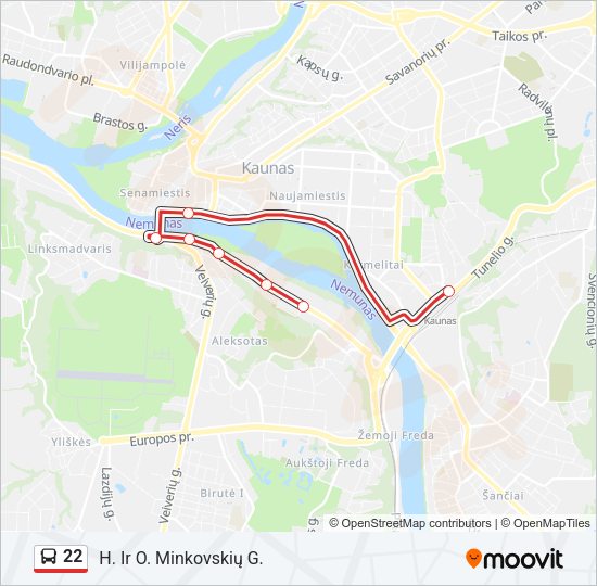 22 autobusas kelionės žemėlapis