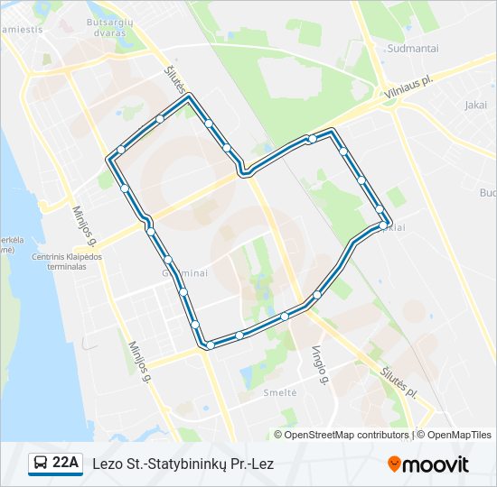 22A autobusas kelionės žemėlapis