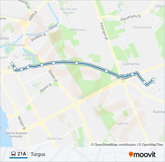 21A autobusas kelionės žemėlapis