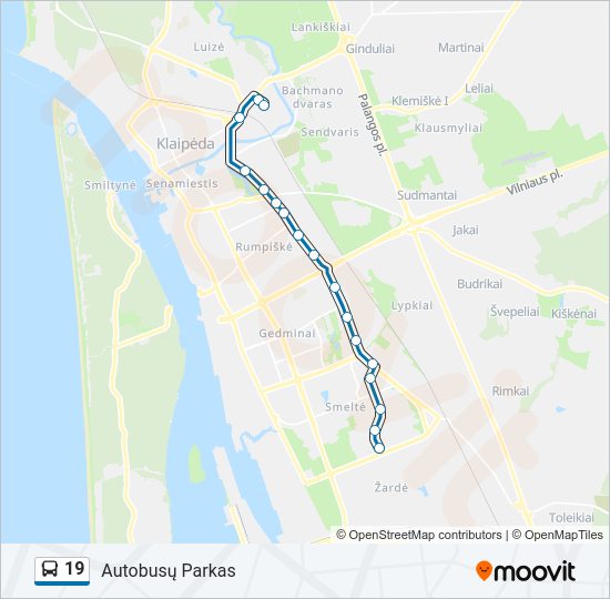 19 autobusas kelionės žemėlapis