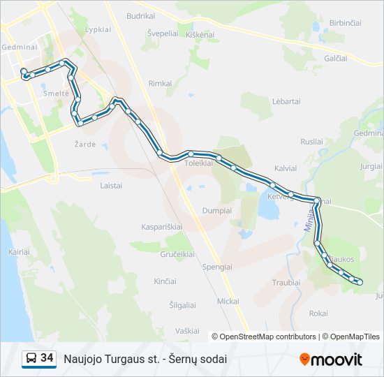 34 autobusas kelionės žemėlapis