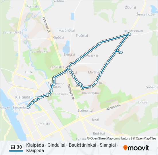 30 autobusas kelionės žemėlapis