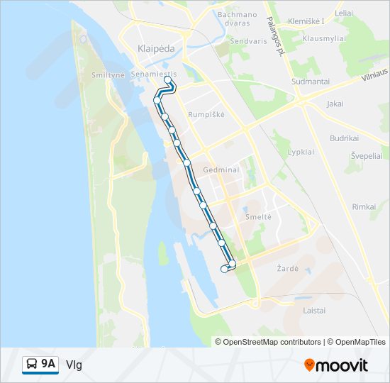 9A autobusas kelionės žemėlapis