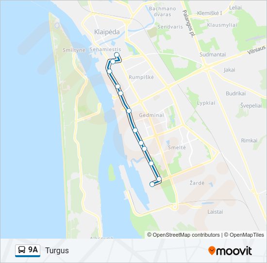 9A autobusas kelionės žemėlapis