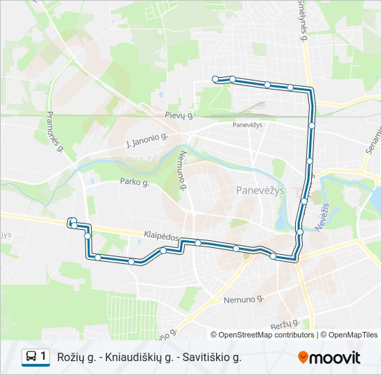1 autobusas kelionės žemėlapis