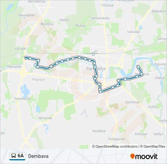 6A autobusas kelionės žemėlapis