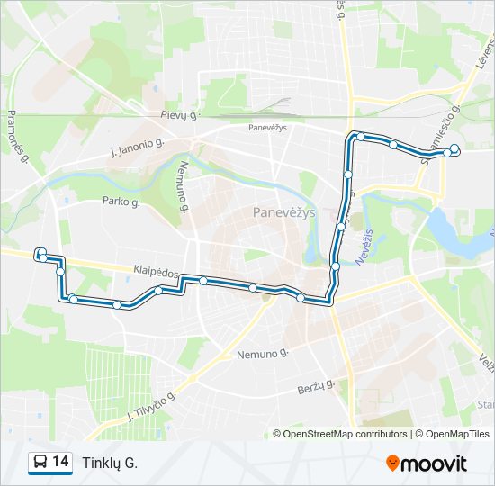 14 autobusas kelionės žemėlapis