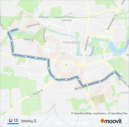 13 autobusas kelionės žemėlapis