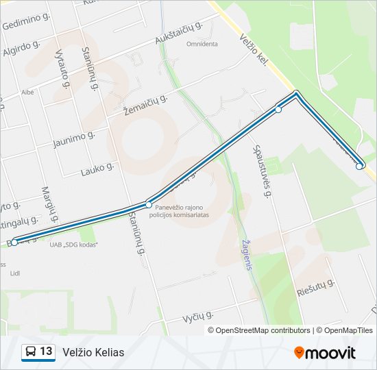 13 autobusas kelionės žemėlapis