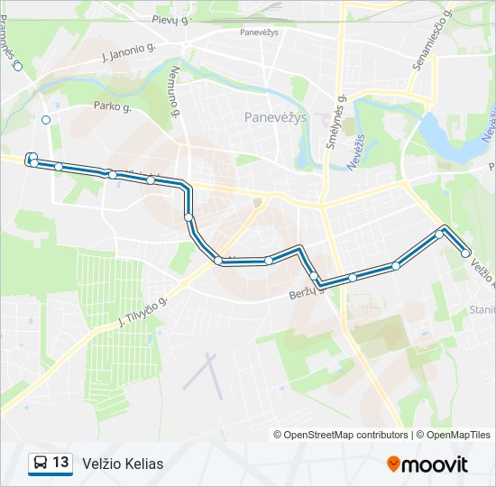 13 autobusas kelionės žemėlapis