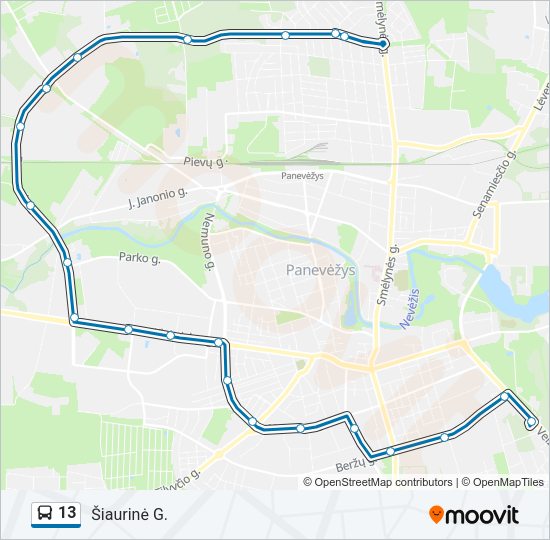 13 autobusas kelionės žemėlapis