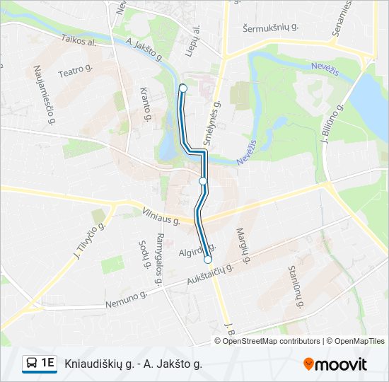 1E autobusas kelionės žemėlapis