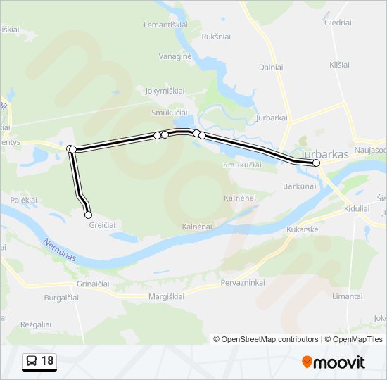 18 autobusas kelionės žemėlapis