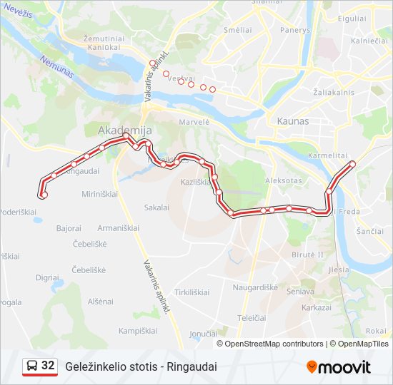 32 autobusas kelionės žemėlapis