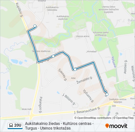 20U autobusas kelionės žemėlapis