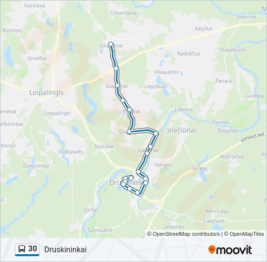30 autobusas kelionės žemėlapis