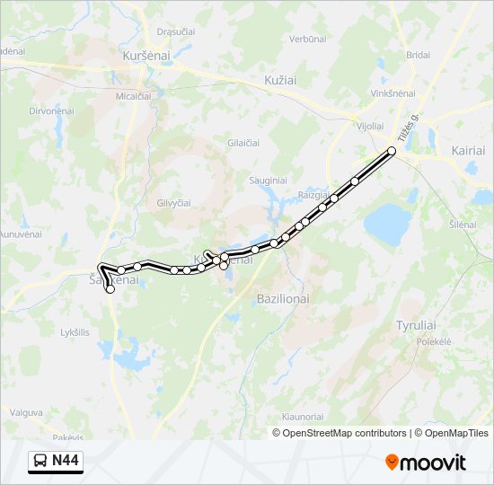 N44 autobusas kelionės žemėlapis