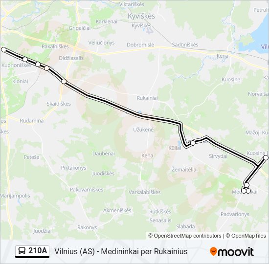 210A autobusas kelionės žemėlapis