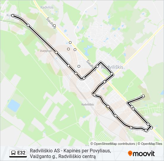 E32 autobusas kelionės žemėlapis