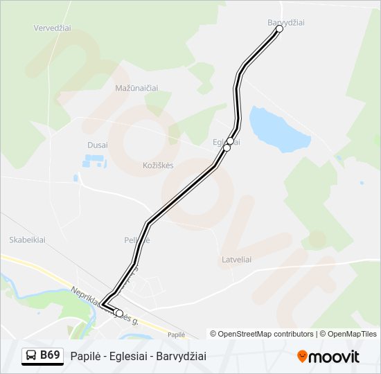 B69 autobusas kelionės žemėlapis