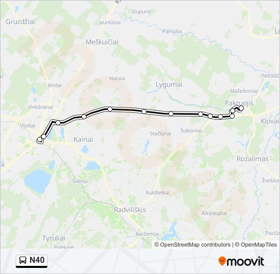 N40 autobusas kelionės žemėlapis