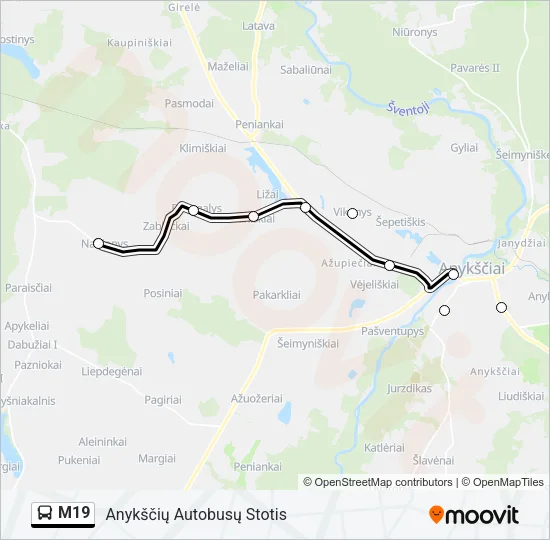 M19 autobusas kelionės žemėlapis