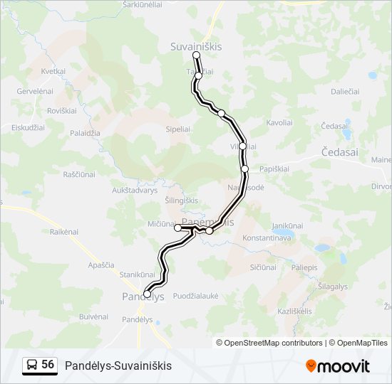 56 autobusas kelionės žemėlapis