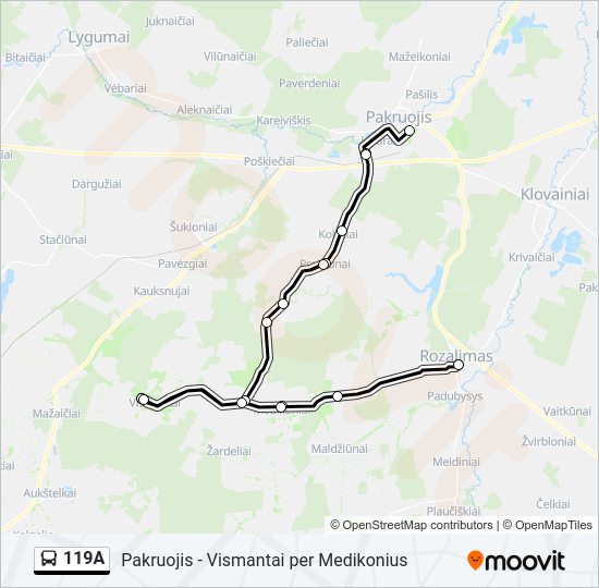119A autobusas kelionės žemėlapis