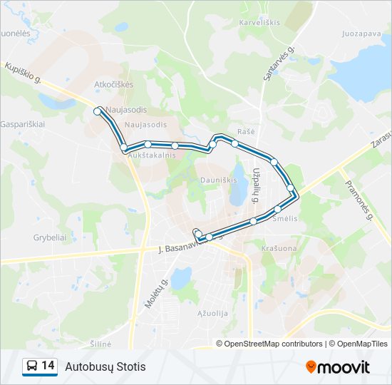 14 autobusas kelionės žemėlapis