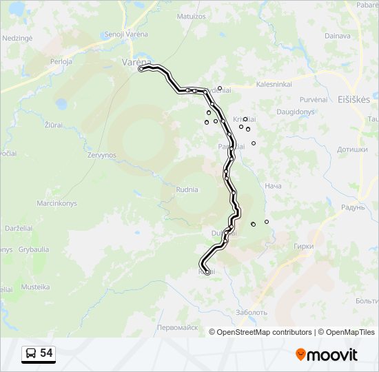 54 autobusas kelionės žemėlapis
