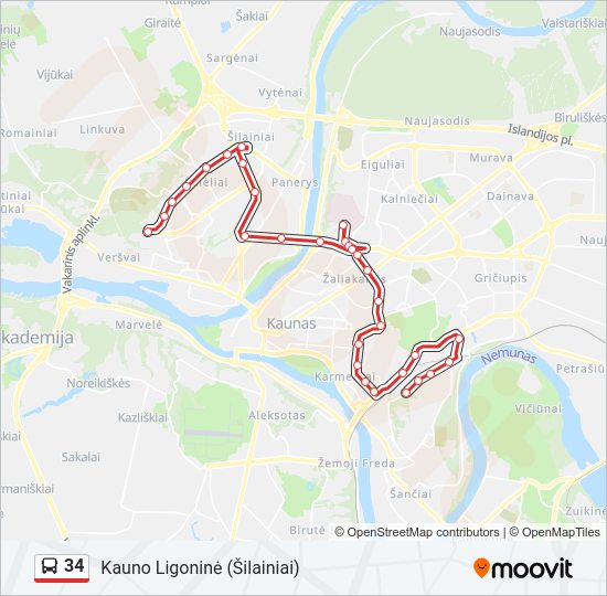 34 autobusas kelionės žemėlapis