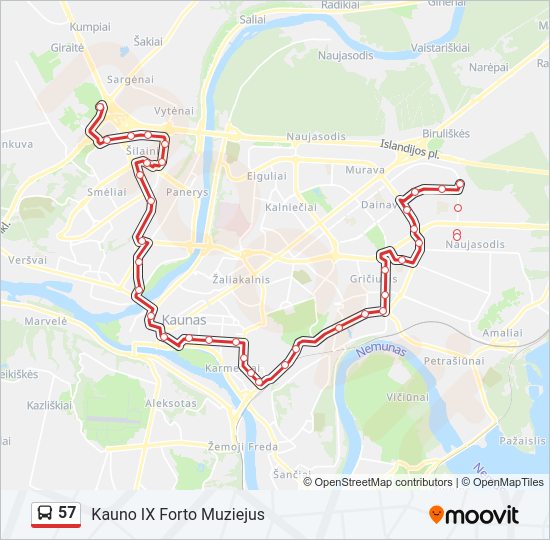 57 autobusas kelionės žemėlapis