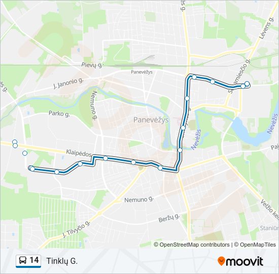 14 autobusas kelionės žemėlapis