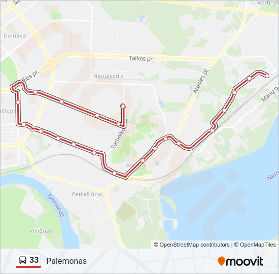 33 autobusas kelionės žemėlapis